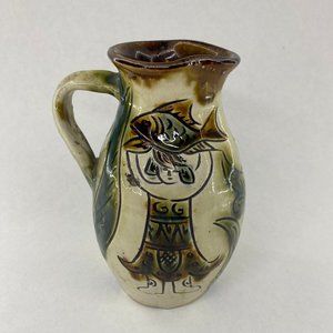 Vintage Ceramic Japanese Pottery Kaki Glaze Sgraffito Technique Fish Pitcher